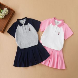 Girls Clothing Set Summer Childrens Sportswear Two Pieces Fashionable Kids Polo Tshirt Skirt Cotton Clothes Suit 240515