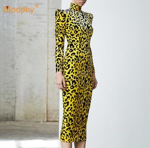 Vinterklänning Ny mode leopardtryck eleganta kvinnor långärmad kroppskonklänning kändis kvällsfest bana vestidos t2009117870632