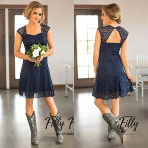2019 Casual Navy Blue Lace Bridesmaids Dresses Short Cheap Portrait Cut Out Back Beach Knee Length Maid Of Honor Gown Custom Made EN720 240T