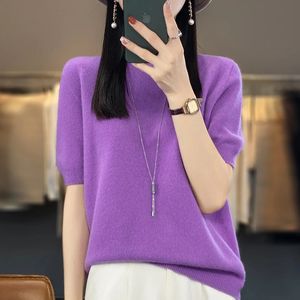 Moda Sweater de Cashmere Halve Manga Short Sweater 100% puro Merino Wool Round Pushirt Tshirt 240517
