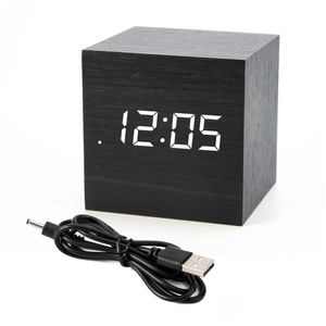 デスクテーブルクロックミニデジタル木製LED目覚まし時計木材レトログローデスクトップ装飾音声コントロールSN機能カレンダードロップ配信H DH9UV
