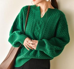 Осенний зимний кашемировый свитер Женщина Ретро Зеленый Внек Пуловер с водоросль