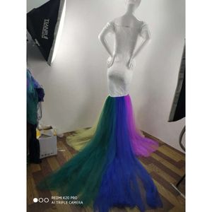 Gravida kvinnor White Lace Rainbow Tulle Maternity Dress Off-Shoulder Sweetheart Mermaid Foto Shoot Gown w / Train