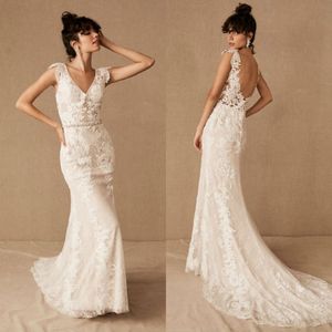 2020 Bhldn Mermaid 웨딩 드레스 깊은 V 목 섹시 레이스 아플리케 컨트리 웨딩 드레스 맞춤형 벨트 해변 신부 가운 189U