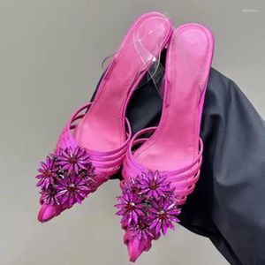 Sandały Shinny kryształowy sznur koralika kwiatowy butów slingback wąskie opaski spiczasty palce czysty pasek PVC cienki obcasy różowe zielone