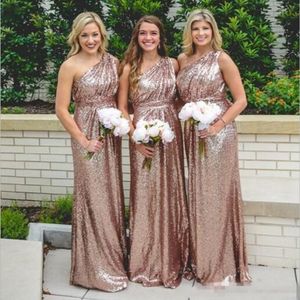 Long Rose Gold paljetter Brudtärna klänningar Ruched golvlängd en axel bröllop gästklänning piga av hedersklänning 275J