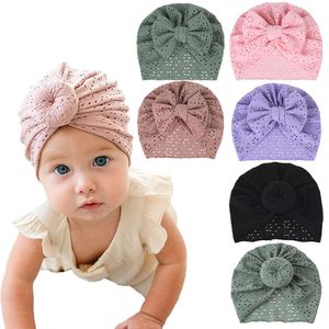 Söt båge turban hatt mjuk elastisk barn beanie vår sommar andas fast färg baby flicka hattar för nyfödda spädbarn l2405