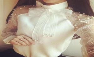 Шифоновые рубашки с длинными рукавами элегантная органза -лук жемчуг белая блузка повседневная мода Рубашка Женские блузкие топы Blusas Femininas26163712