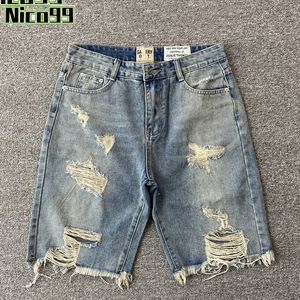 Gallers Depts hole broken retro splicing collision color washed jeans loose casual work shorts