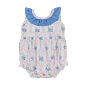 Rompers baby nyfödd tjej rosa båge veckad kant ärmlös boutique grossist sommar- och vårpyjamas jumpsuit d240516