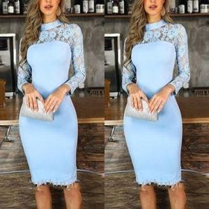 2022 Pochwa jasnoniebieskie sukienki koktajlowe Wysoka szyja iluzja z długim rękawem koronkowa długość kolana