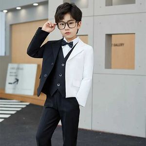 Suits Kids Jacket Vest Pants Bowtie 4P Formal Tuxedo Dress Children Performance Costume Big Boys Black White Suit For Wedding Teenager Y240516