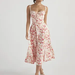 Casual Dresses Women's Summer Vintage Floral Print Sling Midi Sweet Elegant Holiday Boho Dress Slit Lace Up Sexy 2024