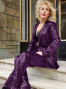 Tesco Mulheres elegantes Blazer de lantejoulas + calças retas de duas peças Jaqueta de moda de moda