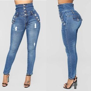 Kvinnors jeans 2024 Plus Size Stretch Women Hole denim Hög midjeknappar Kvinnlig byxa Slim Elastic Blue Skinny Pencil