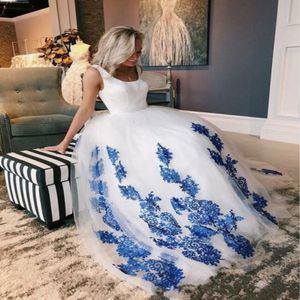 Weiß Royal Blue Applique Spitze Brautkleider Ballkleider 2021 Scoop Reißverschluss Hochzeitsempfang Brautkleider Party formelle Kleid Frauen 229p