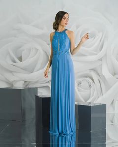 Modest Blue Eine Linie Mutter der Braut Kleider Juwel Hals Perlen Spitze formelle Abendkleider Boden Länge Seite Split Hochzeit Gastkleid