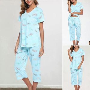 Women's Two Piece Pants Women Homewear Set Print Pajamas With V Neck Wide Leg 2 Mother Grandmother Sleepwear For