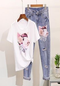 2019 Summer Women Beading Cartoon Pig T Shirts Jeans Suits Casual Short Sleeve Sequins Tshirt Calflength Hole Denim Pants Set4498670