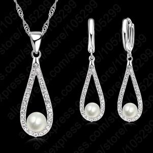 Bröllopsmycken uppsättningar 925 Sterling Silver Shining Crystal Droplets Pearl Necklace örhängen Set Womens Exquisite Gifts Partihandel