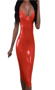 Kobiety jesień moda sztuczna skórzana sukienka lateksowa V NCK Sexy Slim Pvc Czarna biała różowa czerwona długą imprezę plus size sukienki 8372695