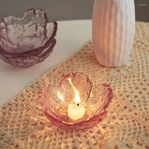 Candle Holders Artistic Pink Flower Holder Modern Glass Candlestick Crafts Home Decoration Wedding Table Decor Crystal Container