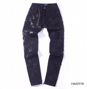 Farection Mens 21ss Amimike Dżinsy Zwykłe czarne skórzane gwiazdy Patch Raped Denim Pants6784697