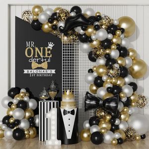 Decoração de festa 137pcs Sr. Onederful Birthday Balloon Garland Arch Balões pretos e dourados para meninos 1st Little Man Decor Backdrop