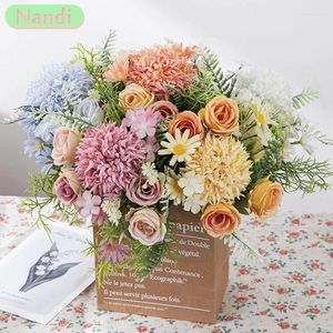 Flores decorativas de seda rosas artificiais decoração de casamento em casa outono de alta qualidade bouquet luxuoso arranjo de flores falsas