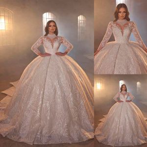 Dresses Luxury Arabic Champagne Wedding Dresses Ball Gown Full Sleeve Sequins Beaded Bridal Gowns With Long Train Dress