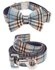 Blue plaid Dog collar bow tie matching lead for 5size to choose wedding dog gifts your pet Y2005158310233