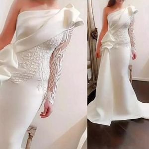 2020 One Shoulder Long Party Mermaid Wedding Dresses Long Sleeves Satin Ruched Ruffles Applique Sweep Train Formal Wedding Dresses 273p