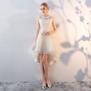 Juvelhals Organza Hög låg cocktailklänning med spetsapplikationer 2021 Champagne Party Dress Prom Gowns 263s