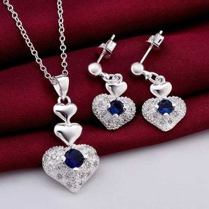 Wedding Jewelry Sets Cute pure 925 sterling silver wedding jewelry romantic blue zircon crystal heart pendant necklace fashionable set