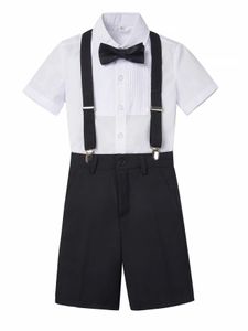 Set di abbigliamento da 4 pezzi/set di pantaloncini da ragazzo con una cravatta per camicia corta e cintura Y240515