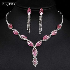 Bröllopsmycken set Blijery Fashion Pink Crystal Ball Set Womens Accessories Flower Tassel Necklace Earrings Bridal