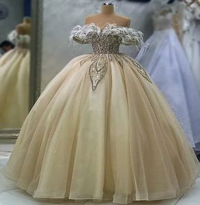 2024APRIL ASO EBI 샴페인 구슬 Quinceanera 드레스 깃털 크리스탈 볼 가운 무도회 이브닝 파티 대회 생일 가운 드레스