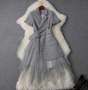 2022 Spring Summer Elegant Short Sleeve Notchedlapel Pure Color Lace Panele Long Maxi Dress Casual Dresses W0716T97481805144