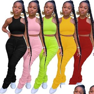 Womens Tracksuits Female Ladies Joggers Sleeveless 2 Piece Stacked Legging Set With Crop Top Drop Delivery Apparel Clothing Dhb1S