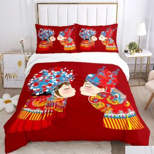 Bedding conjuntos de roupas de casamento chinês impressão de três peças Artigo infantil ou adts para camas colcha ers travesseiros 240127 entrega de gota ho dhaqj