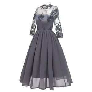 Casual Dresses Women's Three Quarter Sleeves Lace Brodery Chiffon Swing Dress Gown Bridesmaid Street Style Korean Fashion Clothing