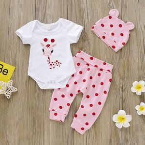 3pcs ملابس لطيفة مجموعة من جديد طفل طفلة الغزلان طباعة الأكمام القصيرة bodysuit+السراويل الوردية+قبعة الصيف غير الرسمية لمدة 0-18 أشهر L2405