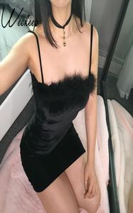 Abito sexy in velluto spaghetti abito donna guaina bodycon fux pelliccia nera mini abito festa vestido elegante drs4872530