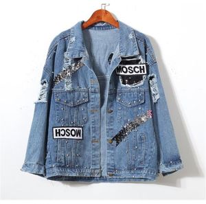 Women039s Ladies Bear Patch Denim Jacket With Sequins Pins Women Punk Beadings Long Sleeve Loose Street Wear Jeans Jackets Coat8729020