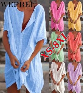 Wepbel Womens Fashion Summer Short Short Shpeve Long Bluses Casual Sust Color Plus Size Beach Indust Coverup Linen Linen Blouse T8212906