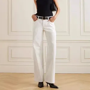 Jeans femininos Mulheres Primavera/Verão 2024 Pantagens de jeans de perna larga e de perna larga de cintura alta branca