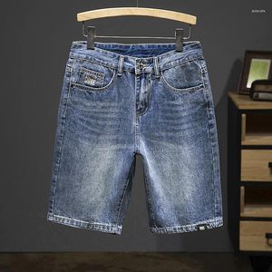 Calça de verão masculino jeans homens jeans slim reto azul 2024 calças de joelho de calças casuais roupas de rua