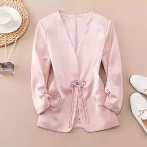 Women's Suits Satin Blazer Women Luxury 2024 Spring And Summer Fashion Coat Chinese Button Slim Fit 3/4 Sleeve Suit Top K991