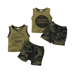 Roupas definem crianças e pequenas roupas de moda com impressão de impressão de cartas com tampa de colete sem mangas e shorts de camuflagem 2pcs para roupas de verão WX