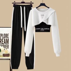Sweatshirts Women's Tracksuit Suit 2023 Spring Autumn New in Matching Set Korean Fashion Short Sweater+Sport Sling+Trousers Three Piece Set